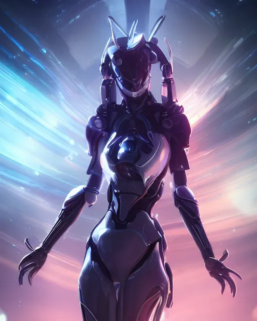 Image similar to perfect android girl on a mothership, warframe armor, beautiful face, scifi, futuristic, galaxy, nebula, bae suzy, dreamy, long white hair, blue cyborg eyes, sharp focus, cinematic lighting, highly detailed, artstation, divine, by gauthier leblanc, kazuya takahashi, huifeng huang