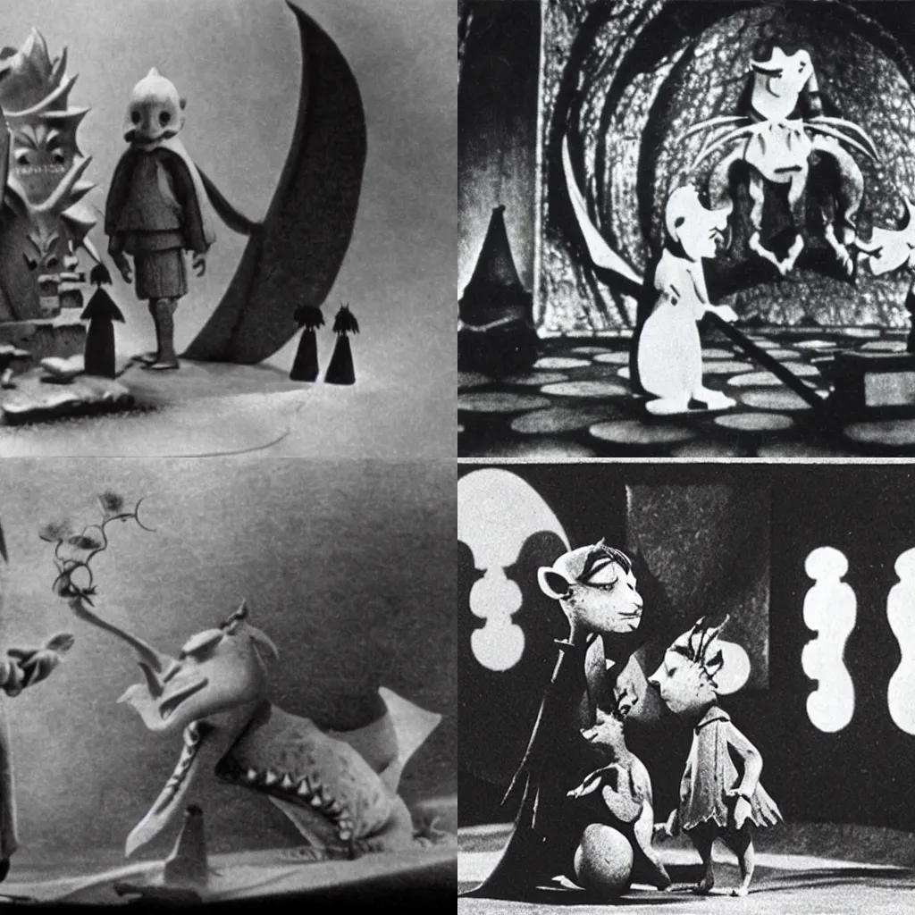 Prompt: still from The Dragon and the Witch, Laika, stop-motion film (1924)