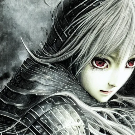 Prompt: Yoshitaka Amano realistic illustration of an anime girl with wavy white hair and cracks on her face wearing dark souls armour with the cape fluttering in the wind, abstract black and white patterns on the background, noisy film grain effect, highly detailed, Renaissance oil painting, weird portrait angle