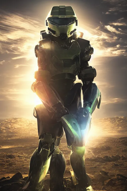 Image similar to robot ninja mask helmet halo master chief radiating a glowing aura global illumination ray tracing hdr fanart arstation by ian pesty and katarzyna da „ bek - chmiel