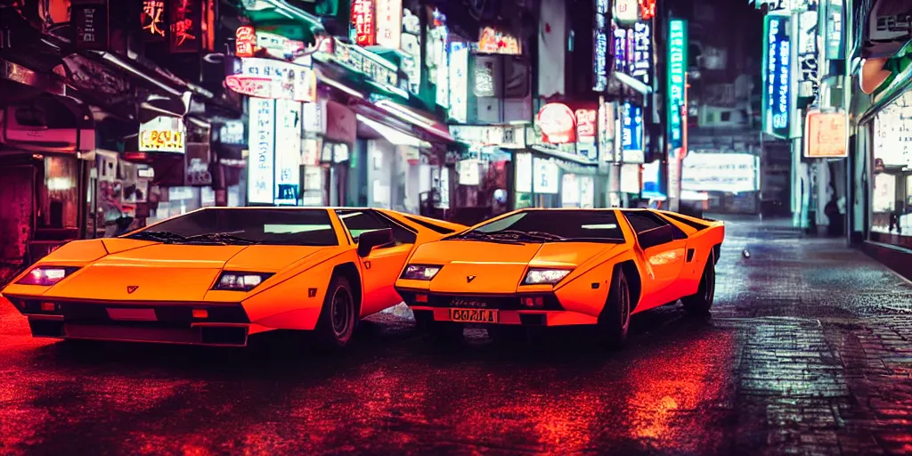 Prompt: photograph of two different coloured lamborghini countach parked in a rainy neo tokyo street at night with neon light signs illuminating the scene, sharp focus, highly detailed, ray tracing, cinematic, moody, hdr, 4 k, incredible detail
