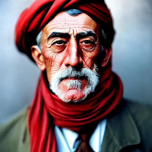 Image similar to portrait of president woodrow wilson as afghan man, green eyes and red scarf looking intently, photograph by steve mccurry