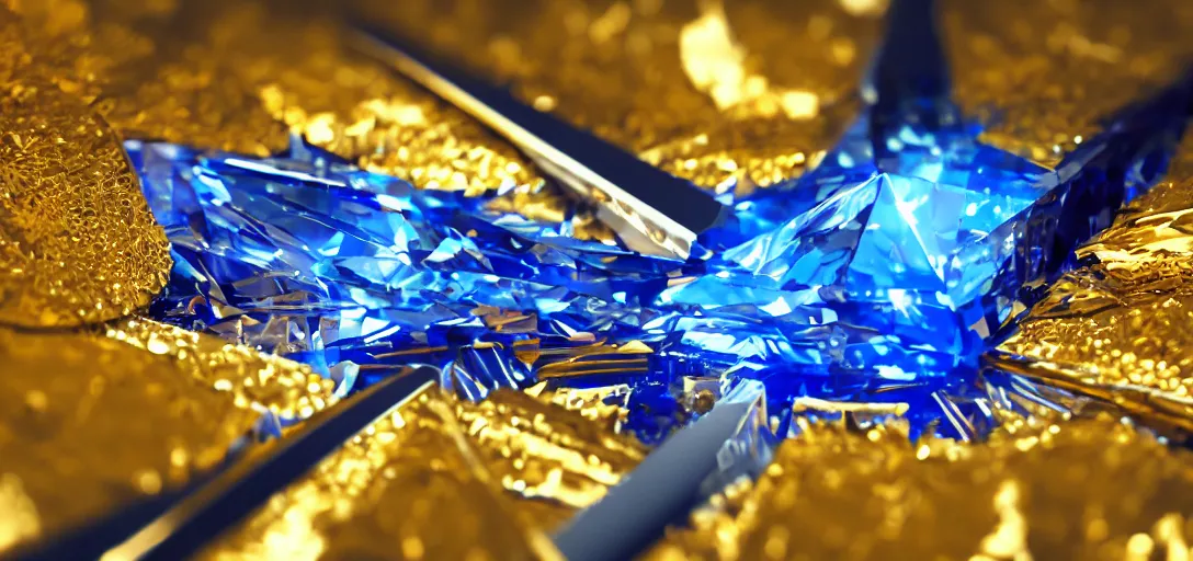 Prompt: detailed gold scissors cutting a big diamond, symmetrical, details, smooth, sharp focus, illustration, realistic, cinematic, artstation,, award winning, original modern artwork, rgb, ethereal blue lighting, 8k