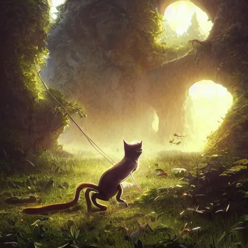 Prompt: a cat fighting frogs, stephen bliss, unreal engine, fantasy art by greg rutkowski, loish, rhads, ferdinand knab, makoto shinkai and lois van baarle, ilya kuvshinov, rossdraws, tom bagshaw, global illumination, radiant light, detailed and intricate environment