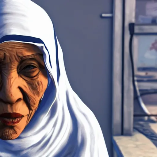 Image similar to Mother Theresa as a gangster in GTA5 8k hyperdetailed photorealism ultra high quality