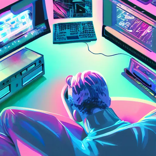 Image similar to aerial view of a guy laying on the floor of his bedroom surrounded by electronics computers food video games, vaporwave colors, faded effect, highly detailed, digital painting, artstation, concept art, soft light, sharp focus, illustration