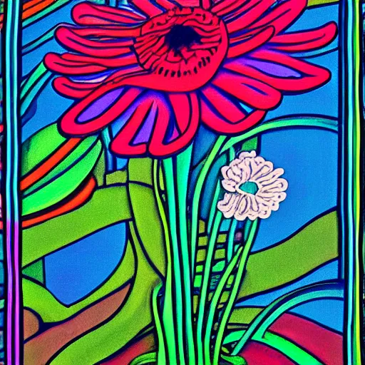 Prompt: neon, overcast balmy by jim woodring. a land art of a group of anemones in a vase