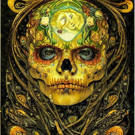 Image similar to Memento Mori by Karol Bak, Jean Deville, Gustav Klimt, and Vincent Van Gogh, beautiful visionary mystical calavera portrait, otherworldly, botanical organic fractal structures by William Morris, ornate gilded medieval icon, third eye, spirals