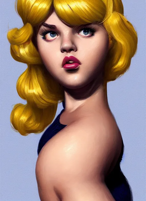 Image similar to full body teenage betty cooper, blonde hair, obese, bangs, ponytail, sultry, realistic, sultry smirk, ponytail, fluffy bangs, curly bangs, fat, belly, beautiful girl, intricate, elegant, highly detailed, digital painting, artstation, concept art, smooth, sharp focus, illustration, art by wlop, mars ravelo and greg rutkowski