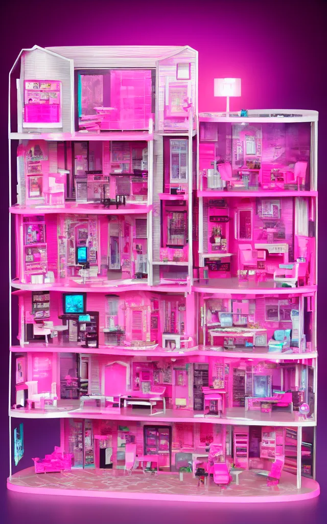 Image similar to a cute pink cyberpunk doll house, barbie house by mattel, octane rendered, led lighting, 4 k