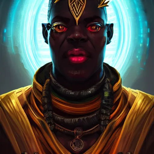 Prompt: a dark and ominous african moor with glowing eyes and a golden crown with a ruby, Apex Legends character digital illustration portrait design, by android jones and greg rutkowski in a cyberpunk voodoo style, detailed, cinematic lighting, wide angle action dynamic portrait
