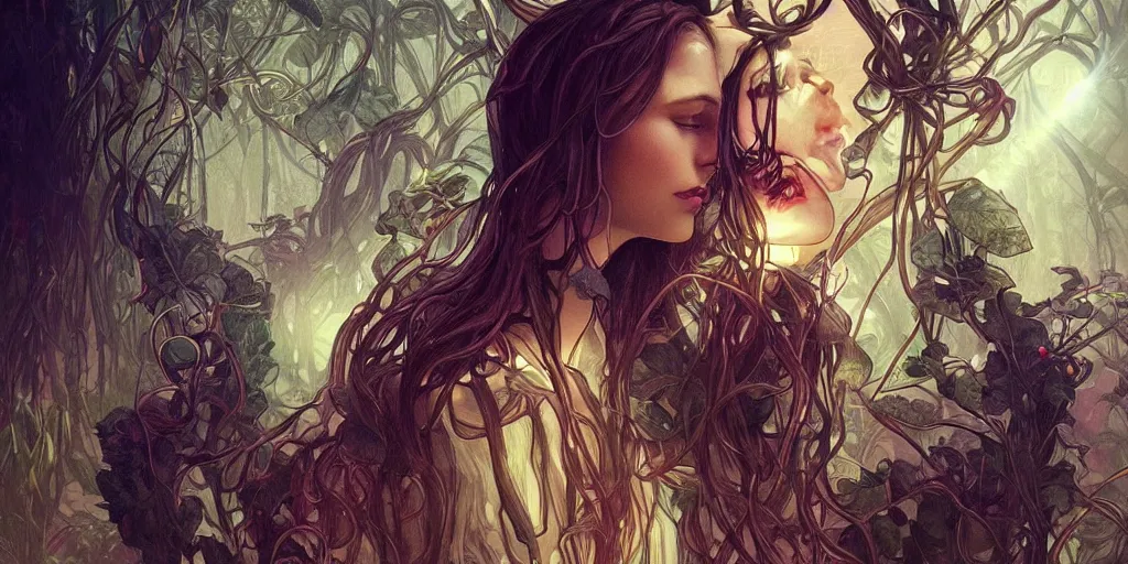 Image similar to scary plant people with tendrils, ominous, intense lighting, light beams, lens flare, intricate, elegant, highly detailed, digital painting, artstation, concept art, smooth, sharp focus, illustration, art by artgerm and serpentigena and alphonse mucha