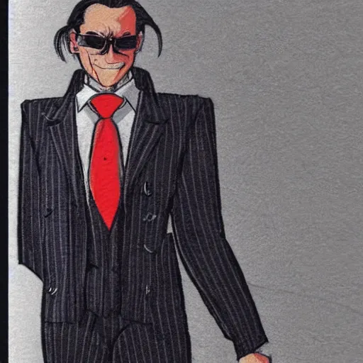 Prompt: a 1 9 8 0 s businessman, wearing a pinstripe suit, hair in slick low ponytail, sunglasses. secret vampire. concept art by leif jones.