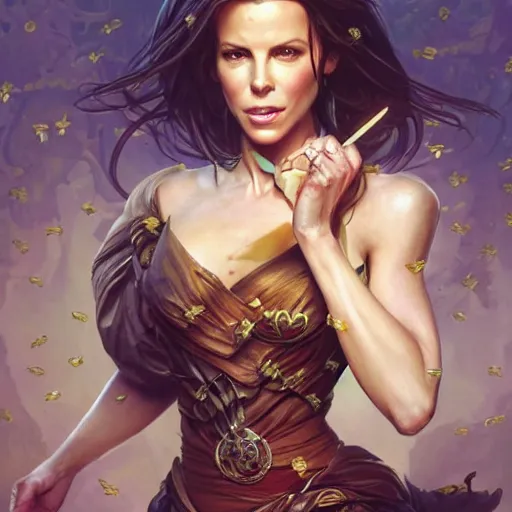 Image similar to Kate Beckinsale covered in honey eating fork, D&D, fantasy, intricate, elegant, highly detailed, digital painting, artstation, concept art, matte, sharp focus, illustration, hearthstone, art by Artgerm and Greg Rutkowski and Alphonse Mucha