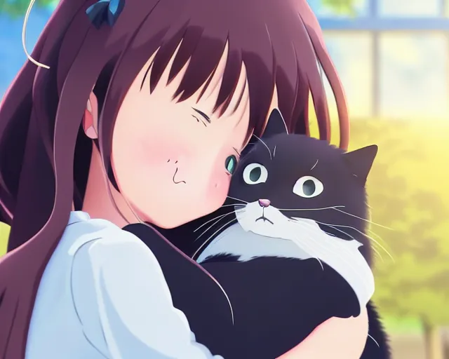 Image similar to anime fine details portrait of joyful girl hugging cat in school, bokeh. anime masterpiece by Studio Ghibli. 8k render, sharp high quality anime illustration in style of Ghibli, artstation