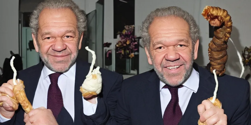 Prompt: alan sugar with really long arms holding some pastry pets. long arms. stretched limbs. pastry sheep, pastry lizard