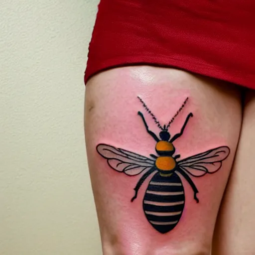 Image similar to a detailed tattoo of large fork in the style of bee movie on a female leg, wearing cute crimson - black bee - themed miniskirt, cinematic seductive lighting, beautiful composition