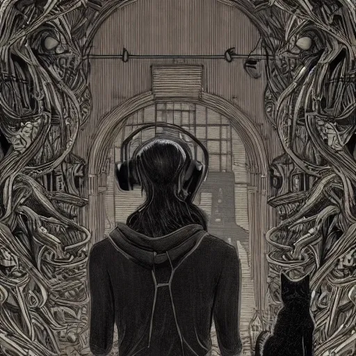 Image similar to skeleton wearing headphones, watching girl playing guitar while her black cat standing next to her, detailed intricate ink illustration, dark atmosphere, detailed illustration, hd, 4k, digital art, overdetailed art, by greg rutkowski, by loish, complementing colors, Trending on artstation