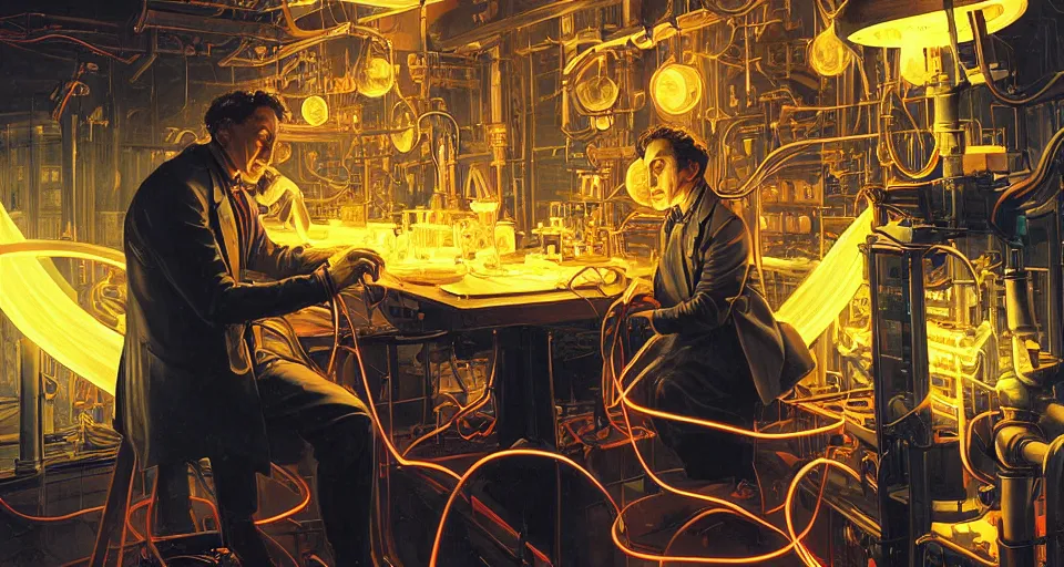 Image similar to nikolai tesla in his lab, glowing jacket, electrical arcs, neon glow, highly detailed, digital art, intricate, dramatic lighting, steampunk, neon colors, cinematic, art by norman rockwell, greg rutkowski, caravaggio, artgerm