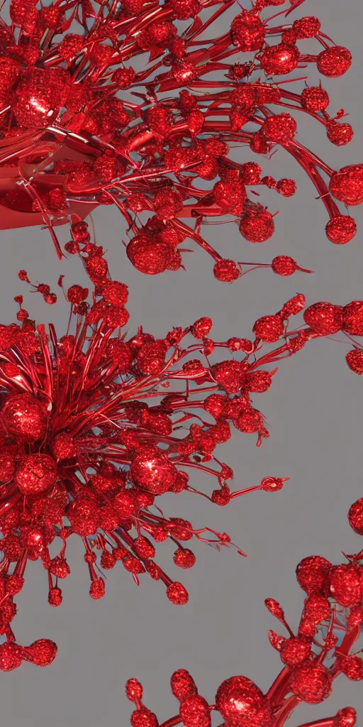 Image similar to 3 d photographic render of an ancient sculpture with red sakura flowers made of chrome, chrometype, made of liquid metal, neotribal with metallic thorns and thunders, raytracing, hyper realistic, volumetric lightning, 8 k, by zhelong xu and ouchh studio