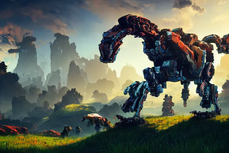 Image similar to grazer machine mecanical creature robot of horizon forbidden west horizon zero dawn bioluminiscence global illumination ray tracing hdr fanart arstation by ian pesty and alena aenami artworks in 4 k