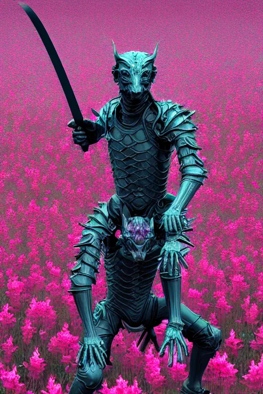 Image similar to hyperrealistic neo - gothic human gargoyle hybrid, exoskeleton armor, fighting with katana, field of pink flowers, highly detailed digital art masterpiece, vitaly bulgarov dramatic dark teal light, ground angle hd 8 k, sharp focus