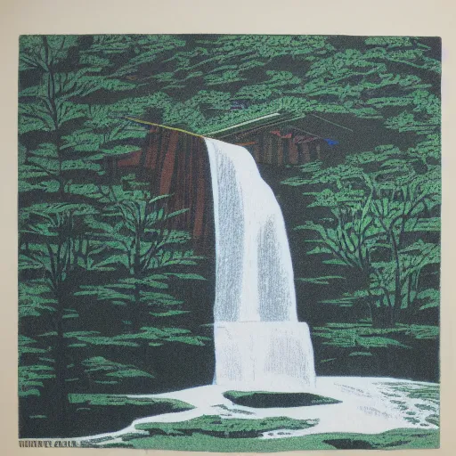 Image similar to master color woodblock print, fallingwater