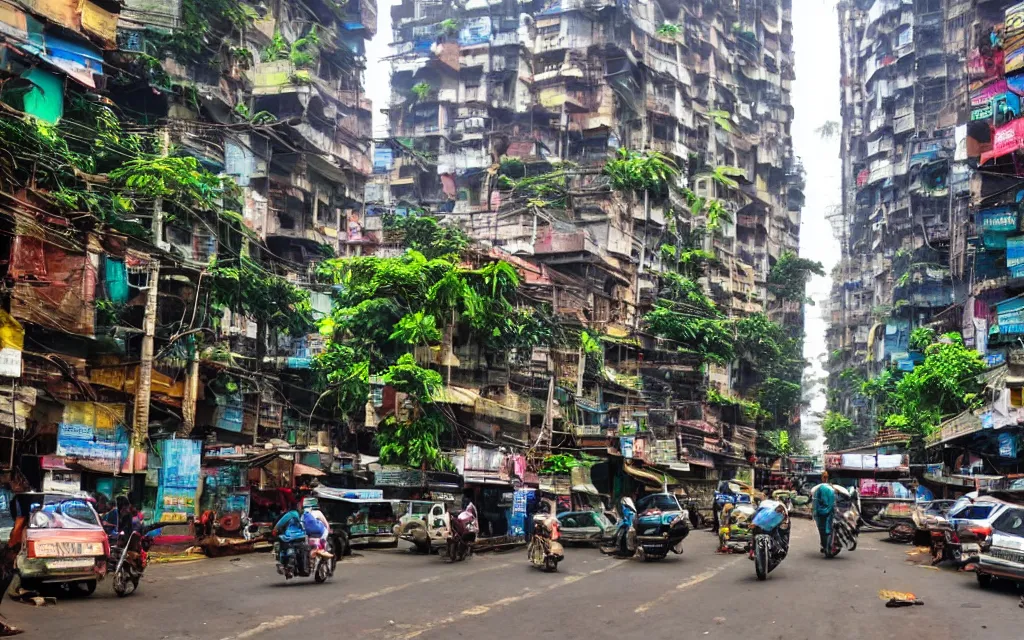 Image similar to streets of mumbai, future, mossy buildings