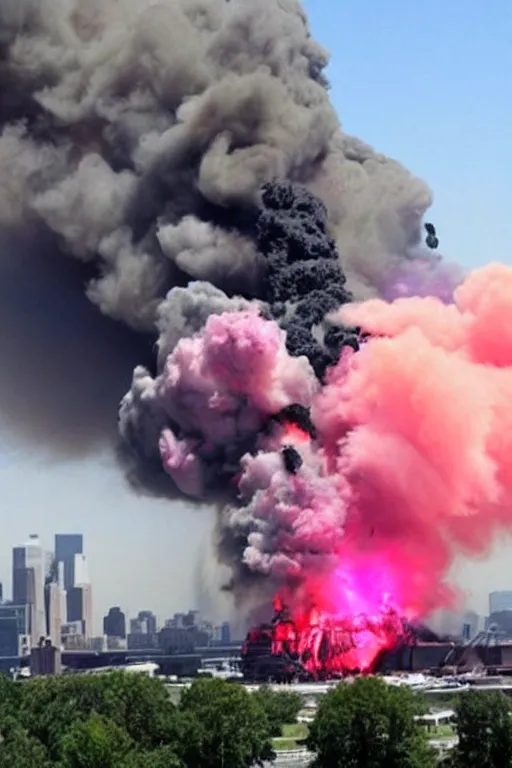 Prompt: 9/11 Gender reveal, horrifying, pink and blue smoke, intense, flaming building, airplane crashes