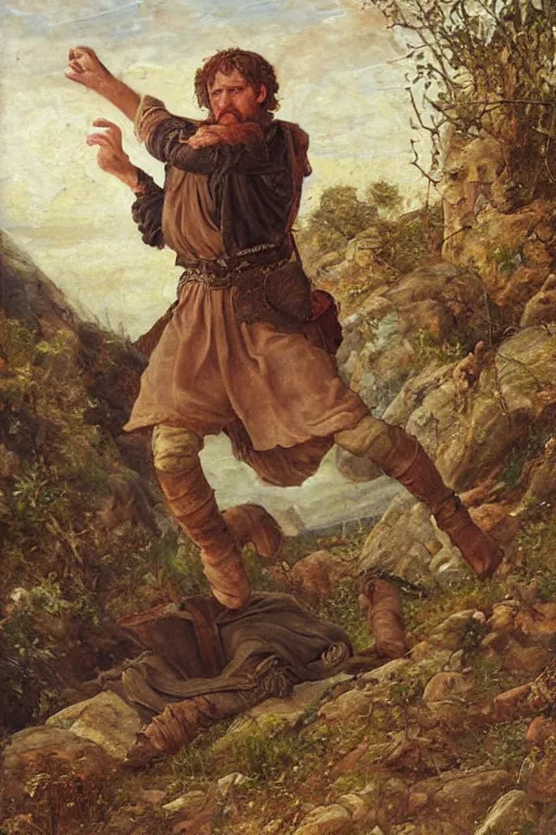 Prompt: a stumbling and falling medieval man as a oilpainting by Sophie anderson