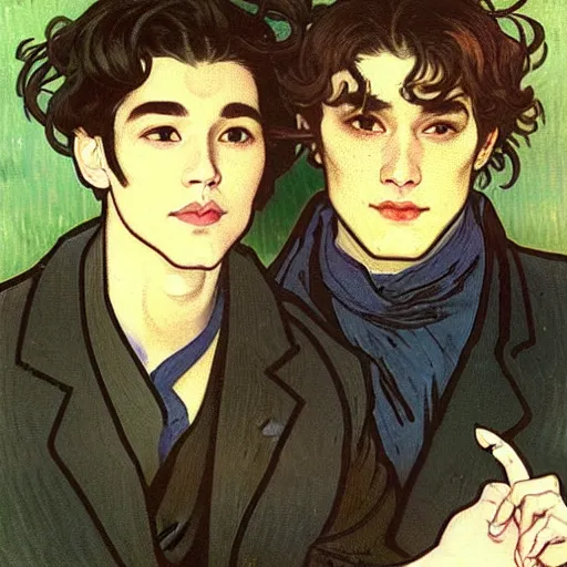 Image similar to painting of young cute handsome beautiful dark medium wavy hair man in his 2 0 s named shadow taehyung and cute handsome beautiful min - jun together at the halloween! party, bubbling cauldron!, candles!, smoke, autumn! colors, elegant, wearing suits!, delicate facial features, art by alphonse mucha, vincent van gogh, egon schiele