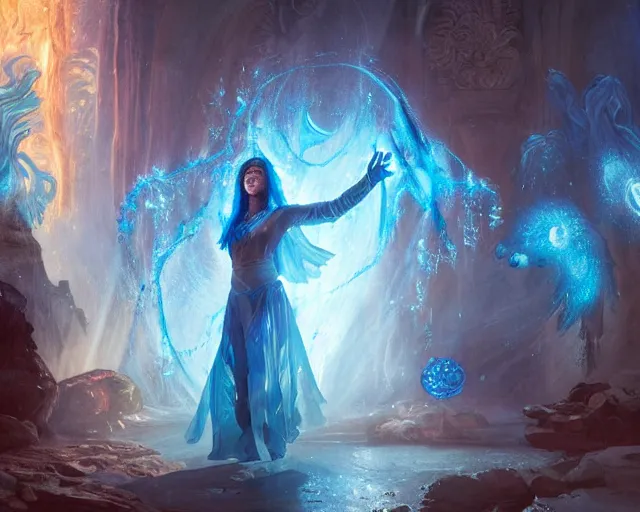 Image similar to blue haired female god casting a spell using sigils, flowing robes, cave with glowing crystals, fantasy, dramatic lighting, detailed painting, greg rutkowski, 8 k,