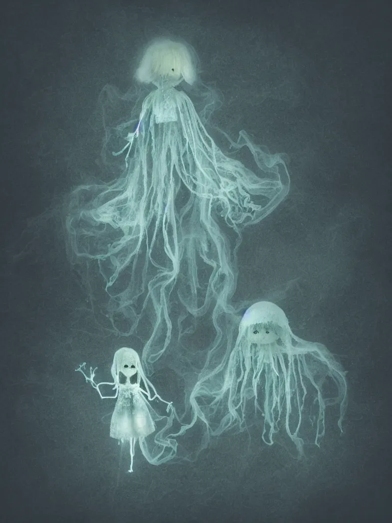 Image similar to cute fumo plush smiling ectoplasmic jellyfish ghost girl waving in deep fog over mysterious waters, patchwork doll chibi gothic maiden in tattered melting rags, glowing wisps of hazy green smoke and eerie blue volumetric fog swirling about, moonlight, glowing lens flare, black and white, vray