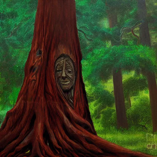 Image similar to ancient redwood tree with face made of bark on trunk detailed magical realism painting 4 k