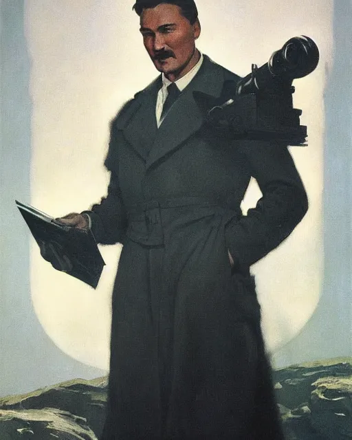 Image similar to Errol Flynn as a scientist. 1980s dystopian Soviet Russia, propaganda screens. Fantasy art by Greg Rutkowski, Gustave Courbet, Rosa Bonheur, Edward Hopper. Faithfully depicted facial expression, perfect anatomy, sharp focus, global illumination, radiant light, detailed and intricate environment, trending on ArtStation