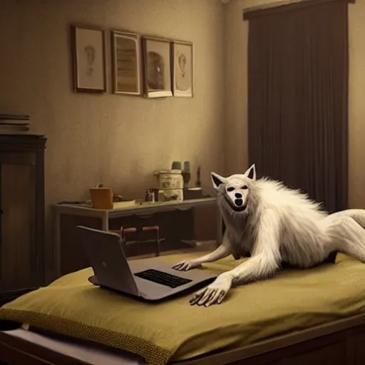 Prompt: a werewolf sitting on top of a bed with a laptop, a screenshot by Gregory Crewdson, cgsociety, video art, horror film, movie still