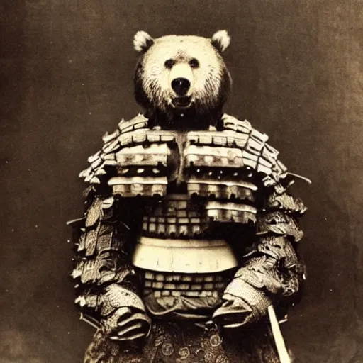 Image similar to “grizzly bear in full samurai armour, 1900’s photo”