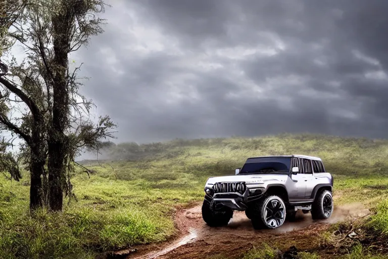 Image similar to a commercial advertisement for a new 4 x 4 concept off road car, driving through a vast serene landscape across rivers and hills, the sun rises in the distance and rain falls in the foreground, light cracking through the clouds onto the treetops, ultra realistic, high definition