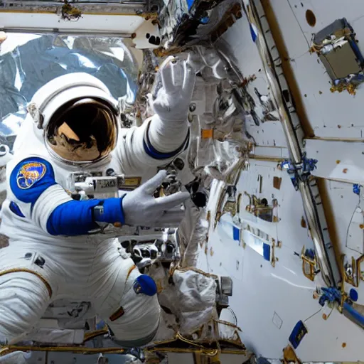 Prompt: an astronaut doing a space walk to fix a telescope