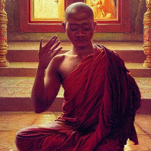 Image similar to highly detailed potrait of blind folded by cloth srilankan cunning buddhist monk praying in baroque style, painting by gaston bussiere, craig mullins, j. c. leyendecker, lights, art by ernst haeckel, john william godward, hammershøi,