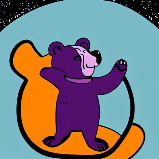 Image similar to cartoon illustration of a bear mascot being launched from a futuristic marble planet, purple and orange cloudland