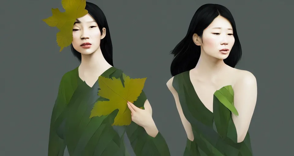 Image similar to asian female wearing leaf costume, contrast lightning, rough dark background, art by dannylailai on artstation, by hsiao ron cheng