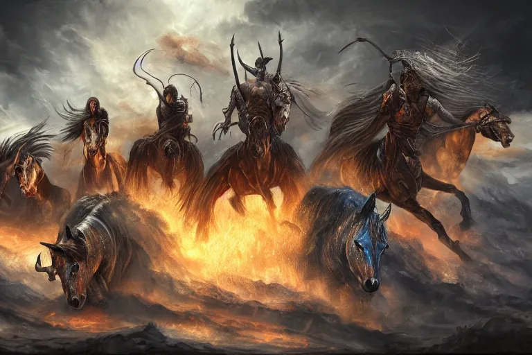 Image similar to the four horsemen of the apocalypse, digital painting, mixed media, trending on artstation and deviantart, epic composition, magnum opus, highly detailed, 8 k