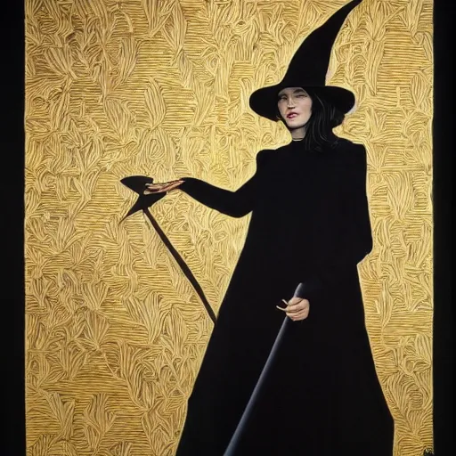 Prompt: portrait of a witch, dressed in black clothes embroidered with gold, by alex ross.