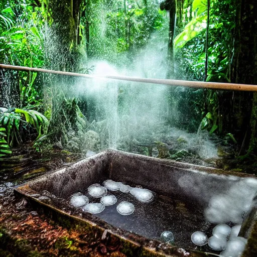 Prompt: pristine bath filled with bubbles in a clearfelled rainforest, deforestation, slash and burn