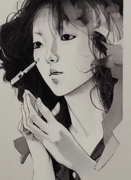 Image similar to portrait of a beautiful girl smoking a cigarette, by takehiko inoue and kim jung gi and hiroya oku, masterpiece illustration, ultrarealistic, perfect hands,