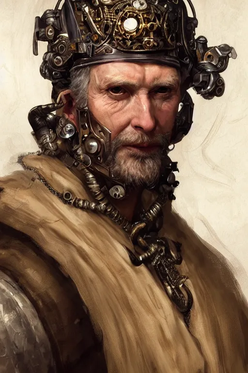 Image similar to portrait, headshot, digital painting, of a old 17th century, old cyborg merchant, amber jewels, baroque, ornate clothing, scifi, futuristic, realistic, hyperdetailed, chiaroscuro, concept art, art by Waterhouse