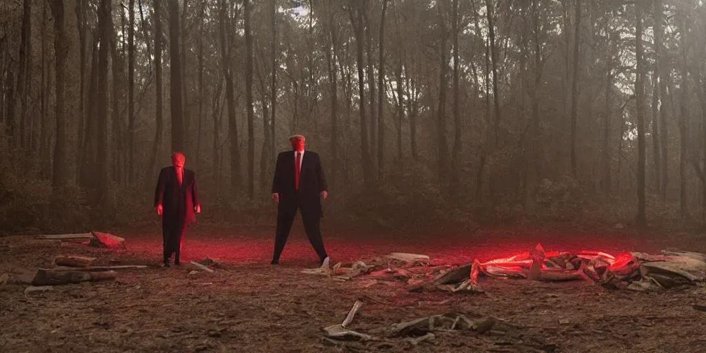 Image similar to movie still of donald trump in mandy ( 2 0 1 8 ) directed by panos cosmatos, film grain, night time, red glow, interior log cabin, cult meeting