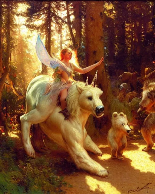 Prompt: unicorn versus bear, enchanted forest, painting by gaston bussiere, craig mullins, j. c. leyendecker