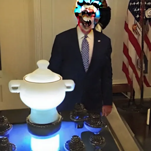 Image similar to joe biden standing over a bubbling and glowing magical pot